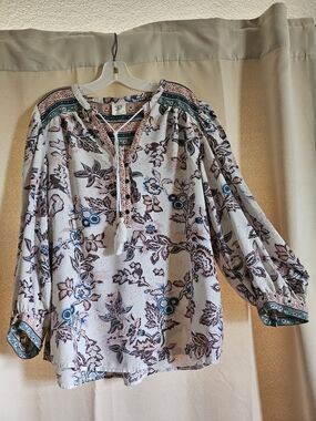Matilda Jane Boho Floral Peasant Blouse - White with Teal & Pink Accents